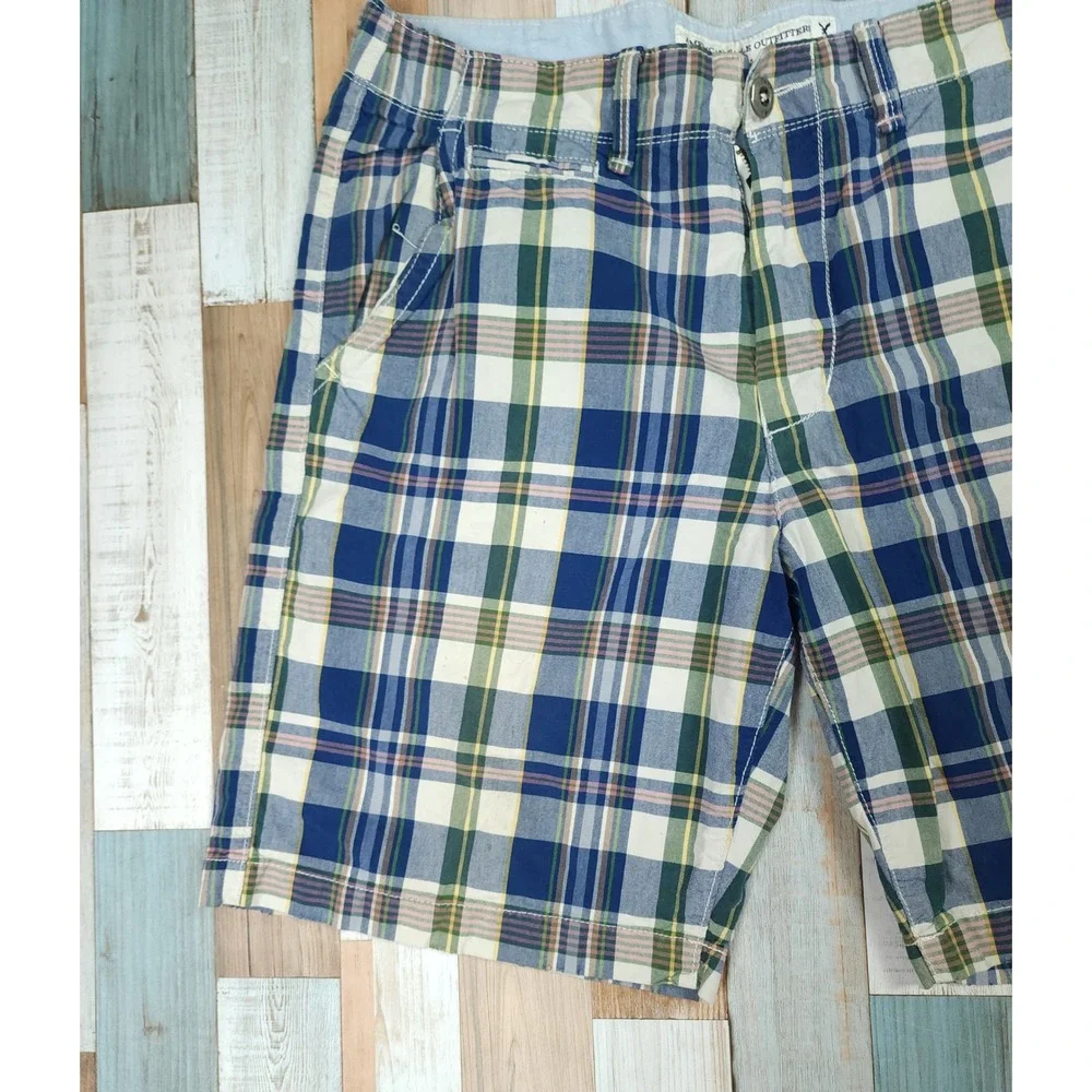 American Eagle Outfitters Mens Plaid Classic Length Shorts Blue Green White 34